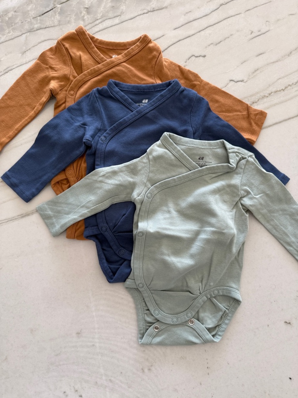 H&M Baby Long-Sleeve Wrap Bodysuits - Set of 3 (Navy, Rust, Sage)